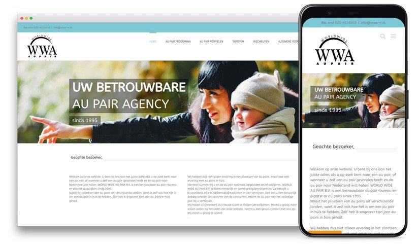 WWAupair website design shown on desktop and mobile